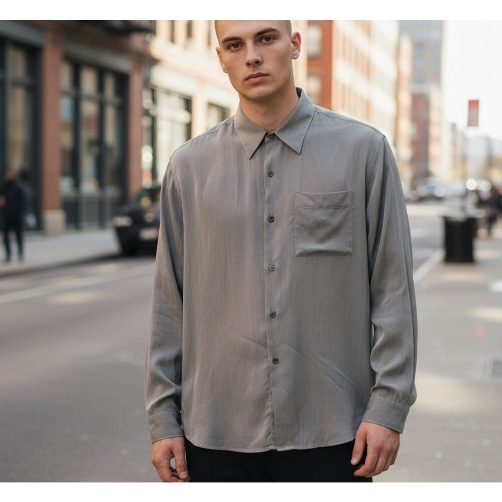 Perry Ellis Mens Shirt XL Gray Sateen Long Sleeve Pocket Button Down Preppy